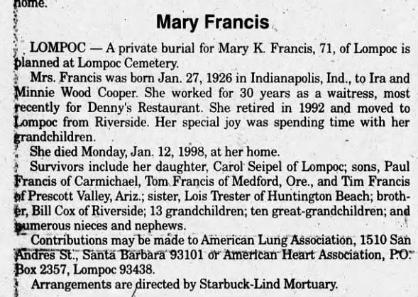 Obituary for Mary K Francis, 1926-1998 (Aged 71)